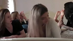 Amateur girls in lesbian group, foot fetish and leg worship