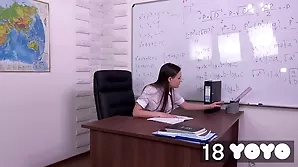 A young woman has a sexual adventure with her teacher at school and reaches an orgasm.