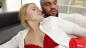 A blonde Russian girl enjoys passionate sex with a well-endowed American man.