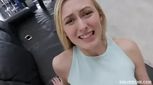 A hot POV video of a young blonde girl giving a wild blowjob to her stepbro from behind the camera.