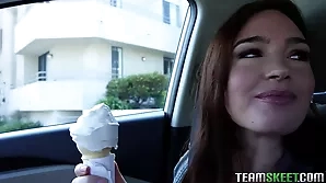 Redheaded amateur Jodi Taylor's POV experience in a white car